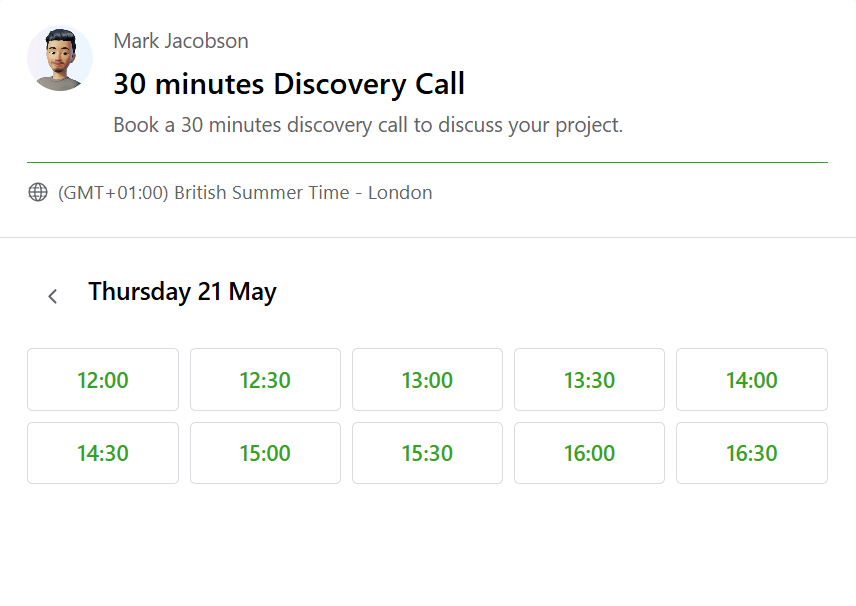 Booking widget — time slots
