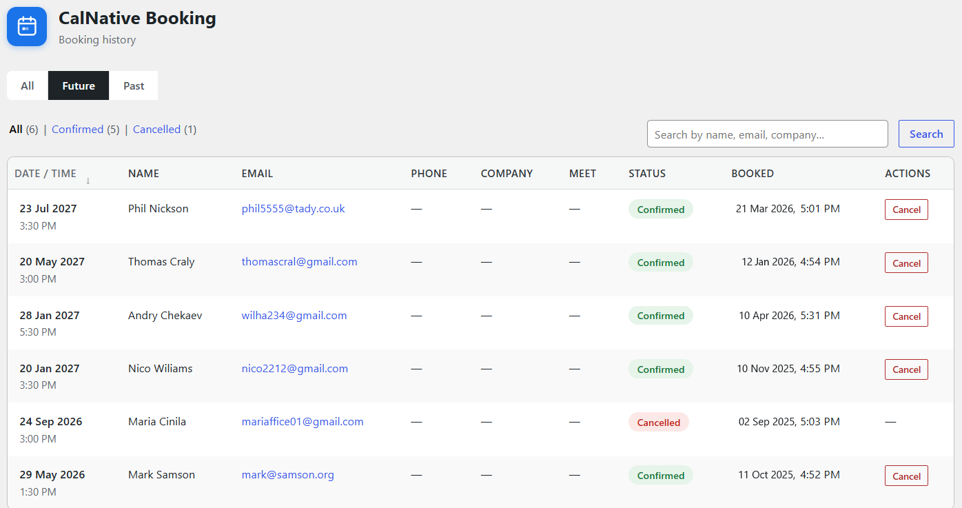 Bookings dashboard table