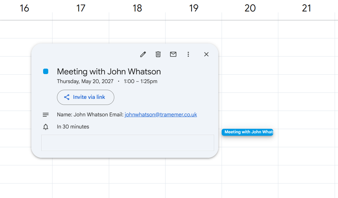 Booking shown in Google Calendar