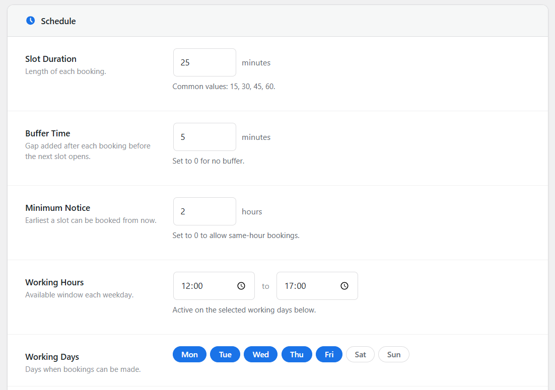 Admin — Schedule settings
